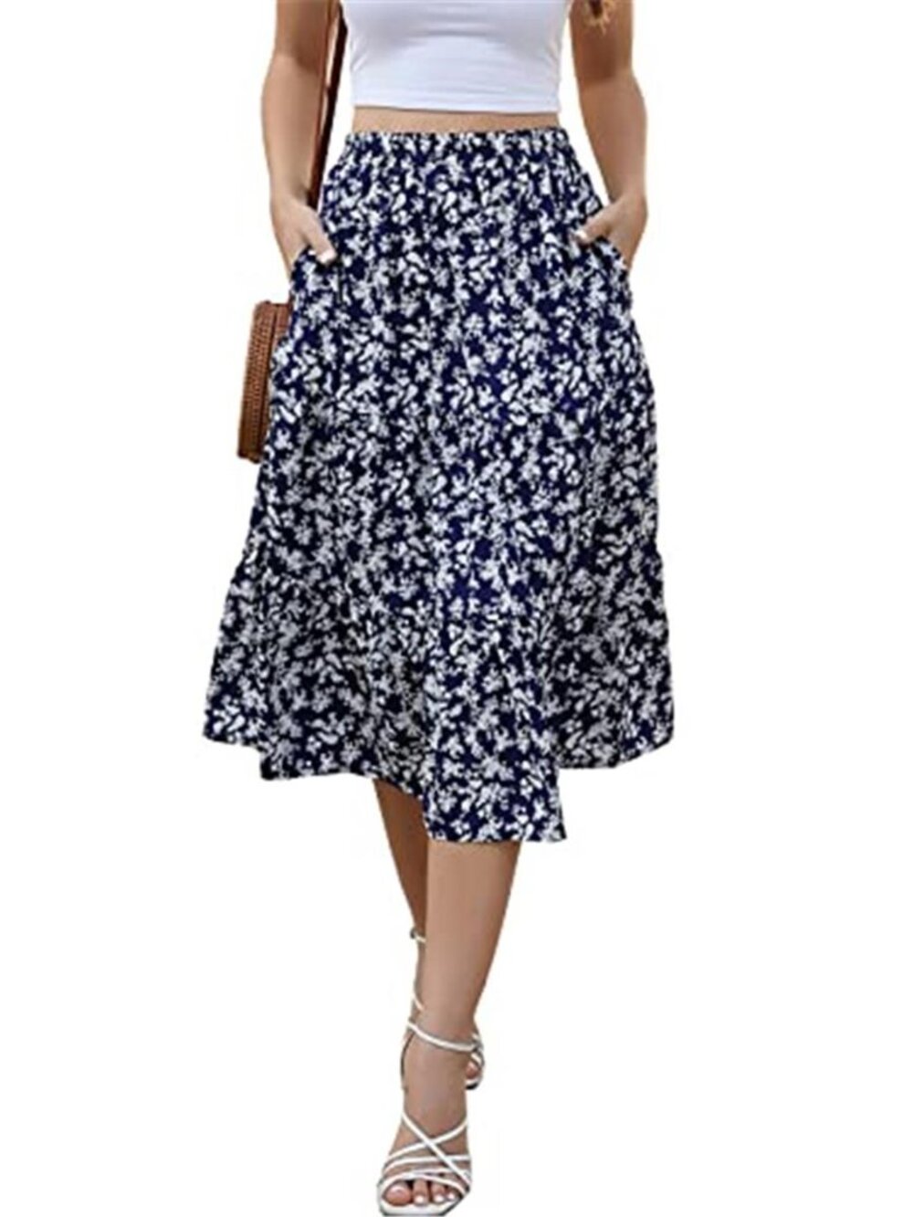 Women's Floral Midi Skirt with Pockets High Elastic Waist Flowy Ruffle Casual